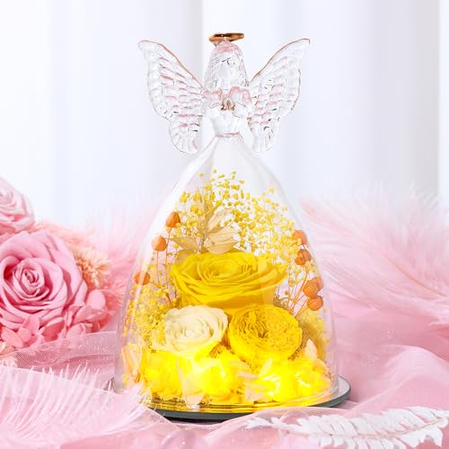 Mothers Day Rose Gifts for Women Preserved Real Flower in Glass Angel Figurines Roses for Delivery Prime Birthday Gifts for Mom Grandma Girlfriend Wife Her,Yellow Austin Roses - color: Yellow With Austin Roses