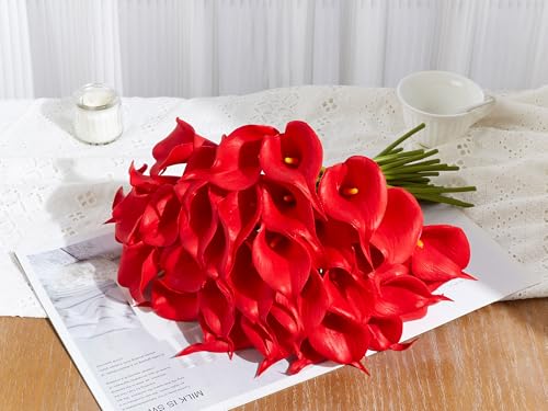 24 Pcs Red Artificial Calla Lily Flowers Fake Red Silk Flowers Real Touch for Wedding Bouquet Office Home Kitchen Decor - color: Red