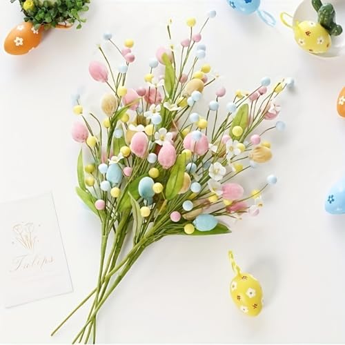 Artificial Easter Flower,4 Pcs Easter Colorful Egg Berries Decorations, Spring Flower Stems Egg Twig Branches, for Home Party Vase Flower Arrangement Centerpiece Decor