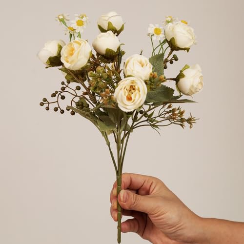 5 Pcs Fake Flowers in Vase Artificial Flower Arrangement Faux Peony Flowers for Wall Decoration Party Home Centerpiece Decor (Cream) - color: Cream