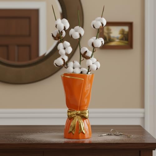 Orange Ceramic Vase for Pampas Grass, Bow Modern Vases Home Decor, 10 Inch Centerpiece Vase for Dining Table, Autumn, Kitchen Decor, Fireplace, Bathroom Decorations - color: Orange, size: 10 inch