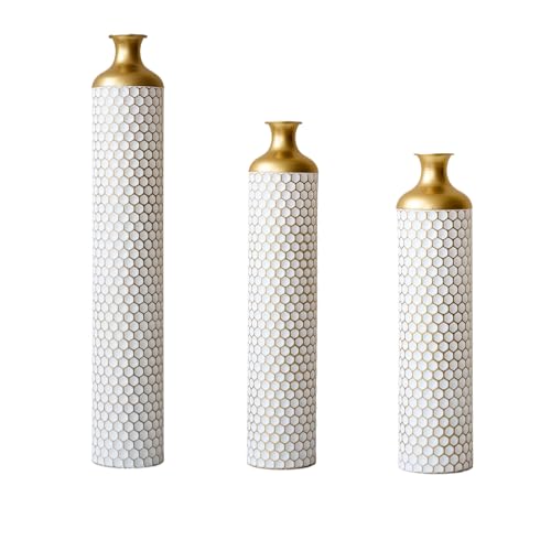 Metal Floor Vases Decorative, Set of 3 Flower Arrangement Stand, Tall White＆Gold Metal Floor Vases for Living Room, Bedroom & Entryway, 33.4", 28.74", 24.4" H (Gold＆White2) - color: Gold＆white2
