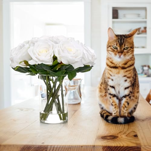 BLEUM CADE Luxury PU Fake Flowers in Vase with Faux Water, White Real Touch Roses Artificial Flowers with Glass Vase for Office Home Dining Room Centerpiece Table Decorations - color: Rose-white