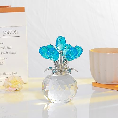 Lake Blue Rose Flower Crystal Figurine with Vase, Bouquet Flowers Ornament Gifts for Wife Girlfriend Women, Handmade Crystal Flower Collectible Home Table Decor for Valentines Day Wedding Anniversary - color: Lake Blue-crystal Rose