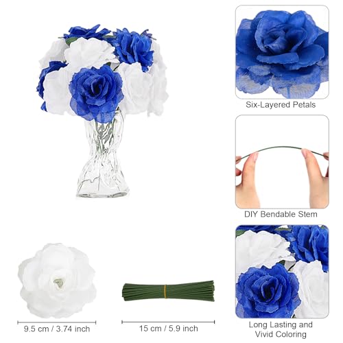 108pcs Roses Head Flowers with Stem - Blue & White Artificial Flowers Rose Bulk - Silk Royal Blue Rose Fake Flower for Wedding Bouquet Party Home Decor DIY Baby Shower Centerpieces Tables Decoration - color: Blue-white