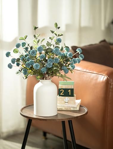 BLOSMON Blue Flowers Artificial for Decoration: Ceramic Vase with 12 Stems of Fake Mums Eucalyptuses Blue Centerpieces for Tables Decor - Faux Silk Pom Poms Floral Arrangement in vase for Living Room - color: Dusty Blue
