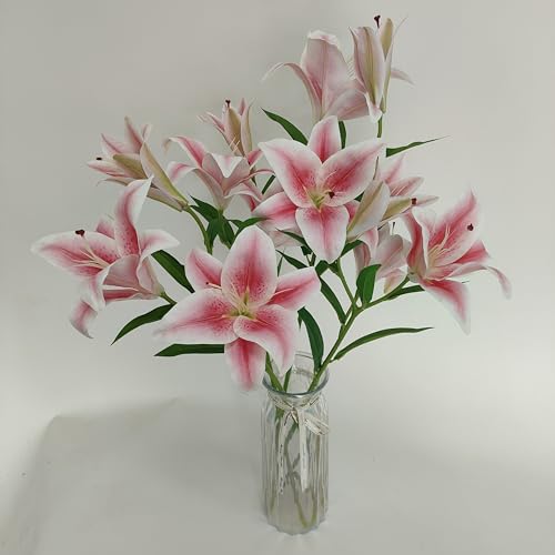 Artificial Lily Flowers,4 Pcs Faux Lily Flowers,32.5 Inch Long Stem Tiger Lily Branch with 2 Full Blooms and 1 Bud, Latex Real Touch Lilium Flower for Wedding Bouquet (4, Pink) - color: Pink