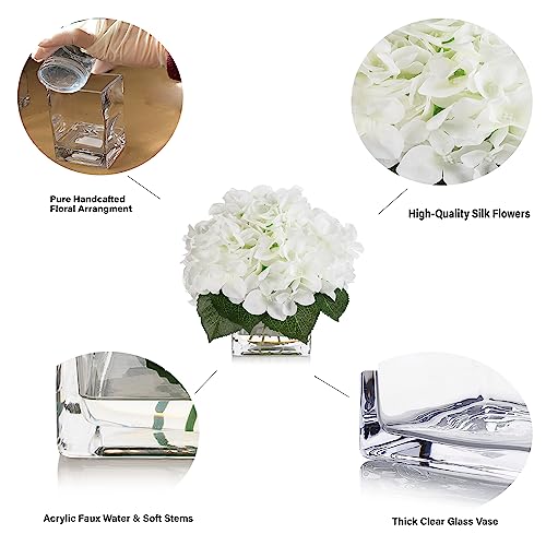 ENOVA FLORAL Silk Hydrangea Artificial Flowers in Vase with Faux Water, Silk Flower Arrangements in Vase for Home Decor, Wedding Table (Cream) - color: Cream