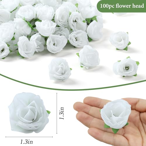 SITUMEIZI 100 Pcs 1.3 inches Mini White Rose Head White Artificial Roses Fake White Flowers for Wedding Decor, Graduation Cap, Cake, DIY Flower Wall Mother's Day Home Party Decor - color: White