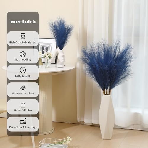 Wertuirk 9 Stems Blue Pampas Grass - 38 Inch Tall Faux Pompous Grass Decor, Long Artificial Pompas Floral Branches for Vase Filler, Wedding Flower Arrangement and Home Decor (Blue) - color: Blue