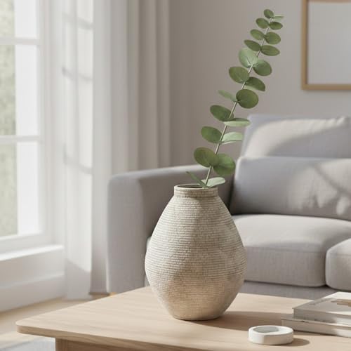 Rustic Ceramic Planter Pot, Terracotta Floor Vase with Textured Ribbed Design, Large Home Decor for Table Centerpiece, Farmhouse Style (Gray)
