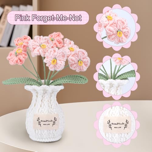 Forget Me Not Crochet Flower Plant, Small Cute Handmade Knitted Flowers with Vase, Small Crochet Potted Artificial Flower Plants for Desk Home Car Dashboard Office Decorations (Forget Me Not-Pink) - color: Forget Me Not-pink