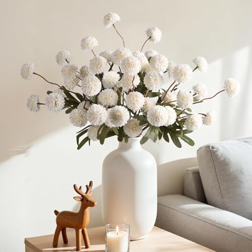 HyeFlora Fake Kiku Flowers, Faux Silk Pompon Mums Artificial Flowers, Chrysanthemum Stems Floral Arrangement Dried Flowers Vintage Decorative Indoor Home Vase Decor White (Vase not Included) - color: 8pcs-white