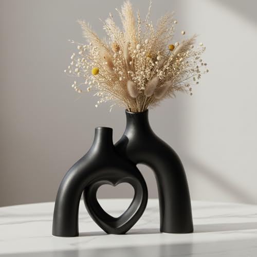 Liotww Hug Donut Ceramic Decorative Vase Set, Snuggle Hollow Modern Nordic Boho Style Vases for Home Decor Living Room Shelf Bookshelf Mantle Entryway Table Console Décor (Matte Black) - color: Heart - Matte Black