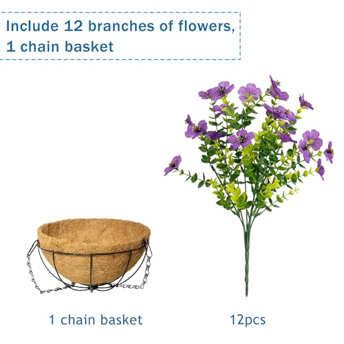 Artificial Hanging Flowers for Outdoors with Basket,UV Resistant Realistic Faux Hanging Plants Outdoor Artificial Flowers for Outdoors Basket for Yard Porch Patio Garden Home Decor,12 Bundles(Purple) - color: Purple