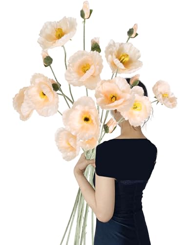 Poppy Silk Flowers,6PCS Fake Poppy Flowers 41.3in Long Stem Poppies Flowers for Tall Vase Wedding Party Home Decor(Champagne) - color: Champagne