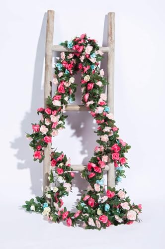 Miracliy 8Pcs 66FT Pink Flower Garland, Blue and White Artificial Rose Floral Vines Fake Hanging Spring Flower Garland for Wall Backdrop Wedding Arch Tea Party Door Mantle Decoration - color: Pink&blue-8pcs