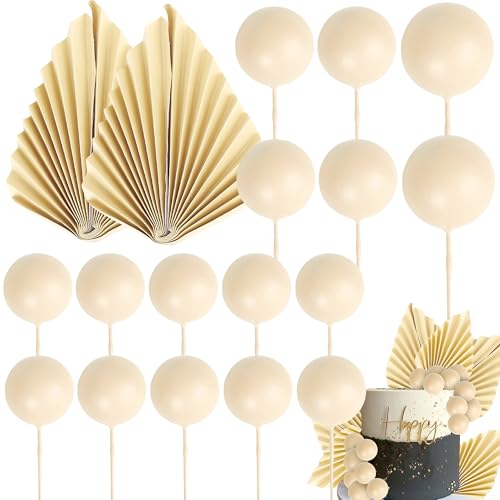 28 Pack Balls Cake Toppers, Palm Leaves Cake Decorations, Foam Balls Paper Palm Leaf DIY Cake Insert Toppers Decorations for Birthday Wedding Baby Shower Party Decorations Khaki - color: Khaki