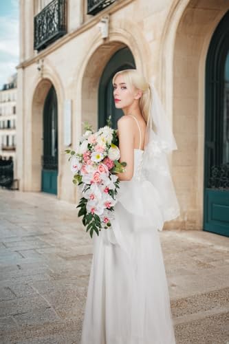Lisuun Wedding Bouquets for Bride, 16 Inches Wedding Flower Bouquet, Silk Round Bridal Bouquet for Wedding, Ceremony, Anniversary - color: White&pink