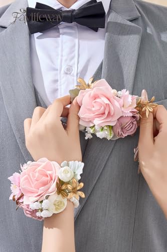 Rose Pink Corsage and Boutonniere Set for Wedding Prom(Set of 2),Artificial Flower Wrist Corsage Bracelets for Women Homecoming,Boutonniere for Men Suit Decorations Party Anniversary - color: Pink, size: 1 Corsage & 1 Boutonniere