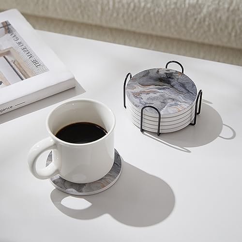 Set of 6 Abstract Dark Blue Marble Coasters with Holder, Absorbent Ceramic Coasters for Drinks, Coasters with Cork Backing for Table Protection, Housewarming Gifts for New Home - color: Abstract Dark Blue Marble