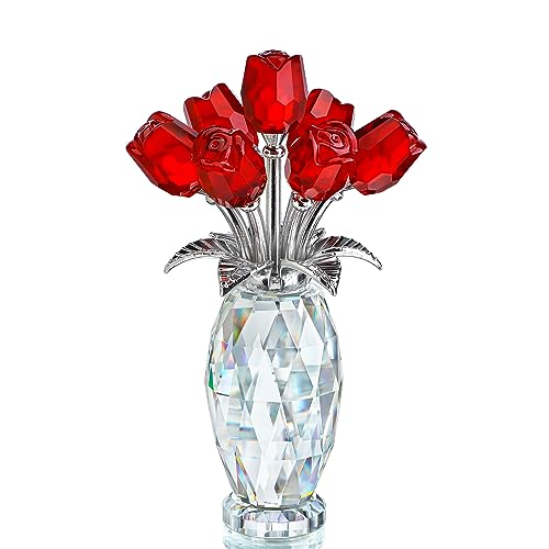 H&D HYALINE & DORA Crystal Rose Flower Figurine,Glass Flower Bouquet Ornament,Glass Rose Gift for Christmas Mother's Day Valentine's Wedding Party - color: Red 1