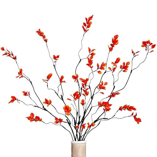 5PCS Artificial Eucalyptus Stems Faux Ficus Branches Fake Greenery for Home Office Wedding Vase Filler Shop Decoration - color: Orange