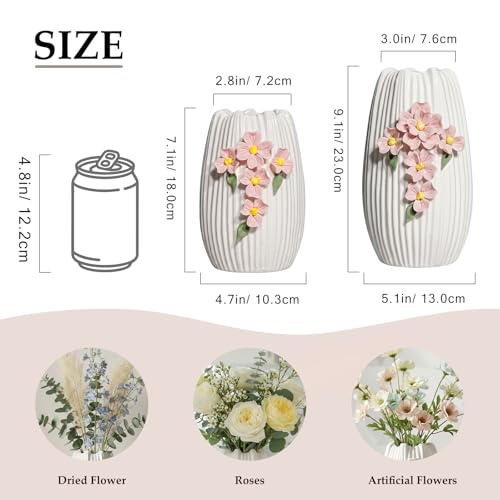 Ceramic Flower Vase - 9 Inch White Modern Vase for Pampas Grass, 3D Floral Vase for Living Room, Kitchen, Easter Table, Dining Room, Table Decor - color: White and Pink, size: 9 inch