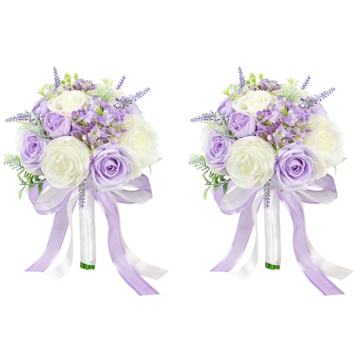 Set of 2 Bridesmaid Bouquets for Wedding - 7 Inch Artificial Flowers Bouquets for Ceremony Anniversary Centerpieces Decorations - Dusty Purple - color: Dusty Purple, size: Set of 2 Bridesmaid Bouquets