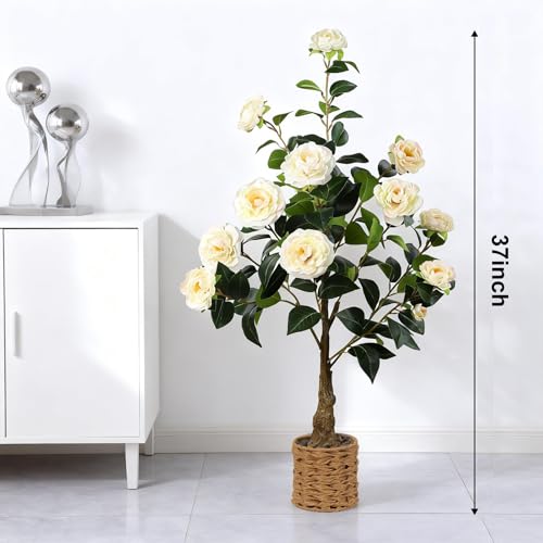 2Pack Artificial Camellia Tree, 3Ft Faux Yellow Camellia Plant in Pot, Fake Outdoor Tree Camellia Flower Tree for Home Office Living Room Floor Indoor Decor - color: Yellow