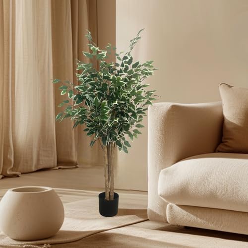XBrand 4ft Two-Tone Variegated Artificial Ficus Tree, Lifelike Decorative Indoor Plant - color: Two-tone Variegated - 4ft Ficus Tree