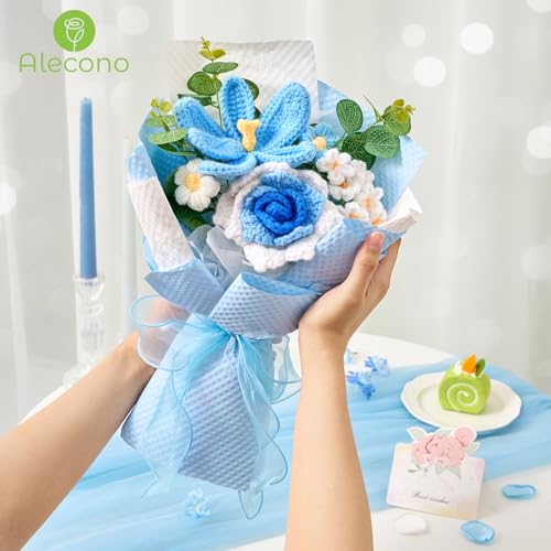Alecono Crochet Flower Bouquet, Knitted Flowers, Blue Handmade Bouquet of Flowers for Lover Anniversary Birthday Party Mother's Day Graduation Gifts (Include Card) - color: Blue