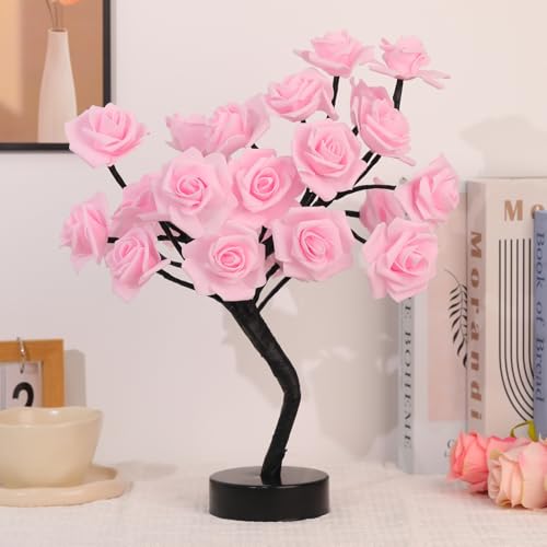 Drawelry Rose Flower Tree Lamp - LED Rose Tree Table Lamp USB/Battery Powered Artificial Bonsai Flower Night Light for Bedroom Living Room Party Wedding Birthday Decor (Pink) - color: Pink