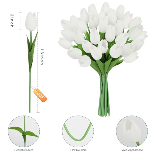 Artificial Tulips Flowers Fake Latex Tulip Stems - 30pcs Real Touch Faux Multicolor Tulips Flower for Easter Spring Wedding Bouquet Centerpiece Floral Arrangement Cemetery Table Decor - color: White 01