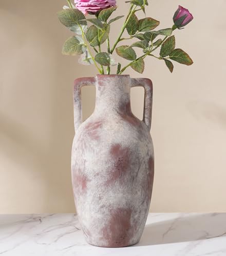 Ceramic Flower Vase with Handles, 12.8 inch Tall Farmhouse Vase Rustic Vases Decorative Pottery Vases Large Floor Vase for Home Decor Living Room Bookshelf Table Centerpiece Fireplace, Terracotta - color: 12.8 in - Terracotta