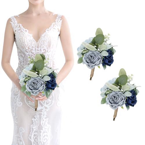 Artificial Bridesmaid Bouquets - Set of 2 Silk Rose Flowers Bouquet Wedding Rustic Small Floral Centerpieces for Marriage Proposal Party Anniversary Dining Table Decorations - Blue,7 Inch - color: Blue, size: 2pcs Bouquets