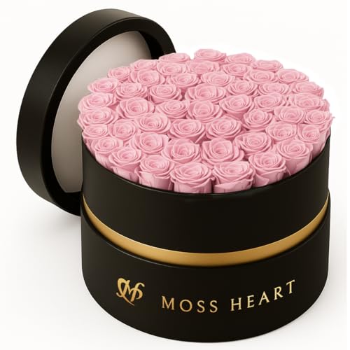 50 Petite Preserved Roses, Designer Round Box, Real Forever Roses Last 1+ Year, Premium Gift for Women, Wife, Girlfriend, Mother’s Day, Birthday, Anniversary, Valentine’s Day - color: Light Pink, size: 50 Roses