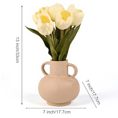 Fake Artificial Tulip Flowers in Ceramic Vase,13" Real Touch Tulip Flowers Spring Décor for Table Centerpiece Home Farmhouse Resto Wedding Decoration（Yellow） - color: Yellow