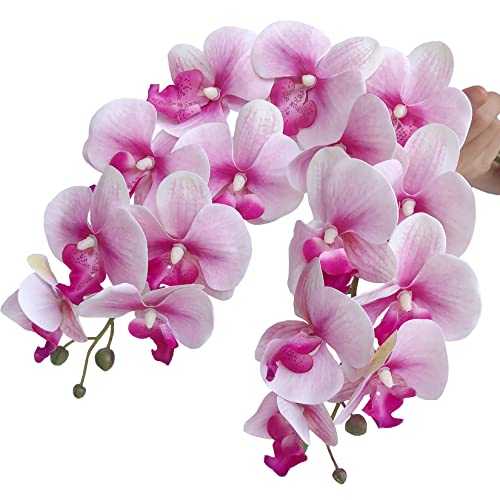 HinyoCo 5 Pcs Artificial Orchid Flowers and 4 Bundles Leaves, Artificial Phalaenopsis Flowers 32 Inch Stem Plants for Home Wedding Decoration (White Flower Purple Core) - color: White Flower Purple Core