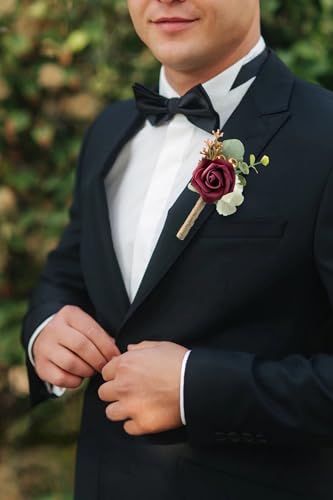 Boutonniere for Men Wedding, Groom Groomsman Artificial Rose Flowers for Wedding Anniversary Celebration,Prom,Party,Home Decoration Set of 2 (Burgundy) - color: Burgundy