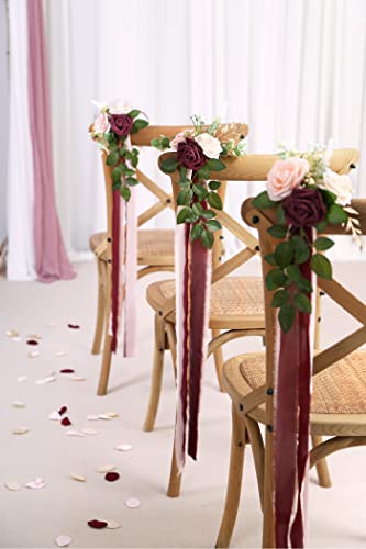 Wedding Aisle Decorations for Wedding Ceremony Set of 10 Pew Flowers for Church Chair Decorations Party Decor with Artificial Flowers Eucalyptus and Ribbons Burgundy - color: New Burgundy