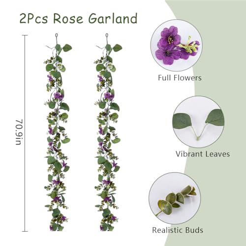 2Pack Eucalyptus Flower Garland with Violet 5.9Ft Artificial Ivy Greenery Hanging Vine Fake Ivy Floral Plants Garland for Wedding Outdoor Garden Party Background Table Runner, Total 11.8Ft, Purple - color: Purple Violet