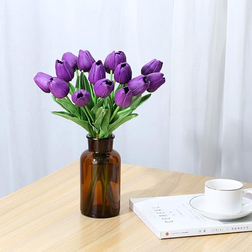 SITUMEIZI 15pcs Tulips Fake Artificial Flowers Real Touch 14" PU Flower for Home Decor Easter Spring Wedding Bouquet Decorations Mother's Gift Day Floral Arrangements(Deep Purple) - color: Deep Purple