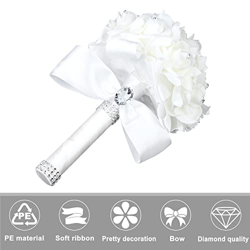 Wedding Bouquet Crystal Roses Bridesmaid Bouquet, Bridal Bouquet Artificial Flowers for Wedding, Party and Church (Ivory Ribbon) - color: Ivory-