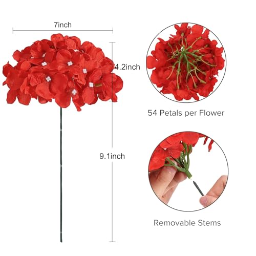 Auihiay 10PCS Hydrangea Artificial Flowers, Faux RedFlower for Wedding Centerpieces, DIY Bouquets, Bridal Shower, Floral Decor Home Decoration with Stems - color: Red