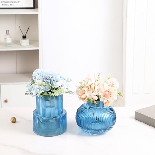 Ribbed Glass Vases, Set of 2 Fluted Vases for Flowers, Blue Glass Vase for Tulips, Modern Vase for Living Room, Kitchen, Office, Entryway, Mantle, Bookshelf, Wedding Gifts, Birthday - color: Blue, size: Ribbed + Round (2-Pack)