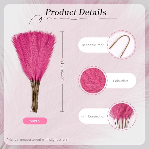 50pcs Hot Pink Pampas Grass 21.6 Inch Non-Shedding Faux Pampas for Vibrant Home Decor, Boho Wedding and Bold Color Vase Arrangements - color: Hot Pink