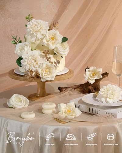 BSMYBO Artificial Flowers Fake Rose Combo Box Set Ivory White Silk Flowers Camellia White Dahlia Leaf with Stems for DIY Wedding Bouquets Table Centerpieces Baby Shower Party Home Bridal Decorations - color: White, size: PureBlooms