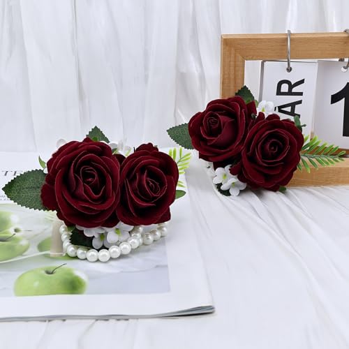 2Pcs Burgundy Rose Wrist Corsage Wristlet Band and Men Boutonniere Set, for Wedding Ceremony Artificial Flowers Accessories Homecoming Prom Suit Decorations - color: Burgundy