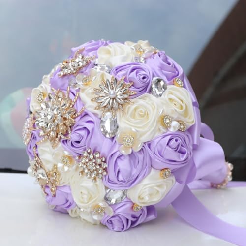 Light Purple Ivory Bridal Wedding Bouquet with Rhinestone Brooch Bouquet for Bride Bridesmaid Quinceanera Satin Rose Flower Bouquet Wedding Light Purple Lilac and Ivory 8.7in - color: Light Purple & Ivory, size: Diameter: 8.7 inches